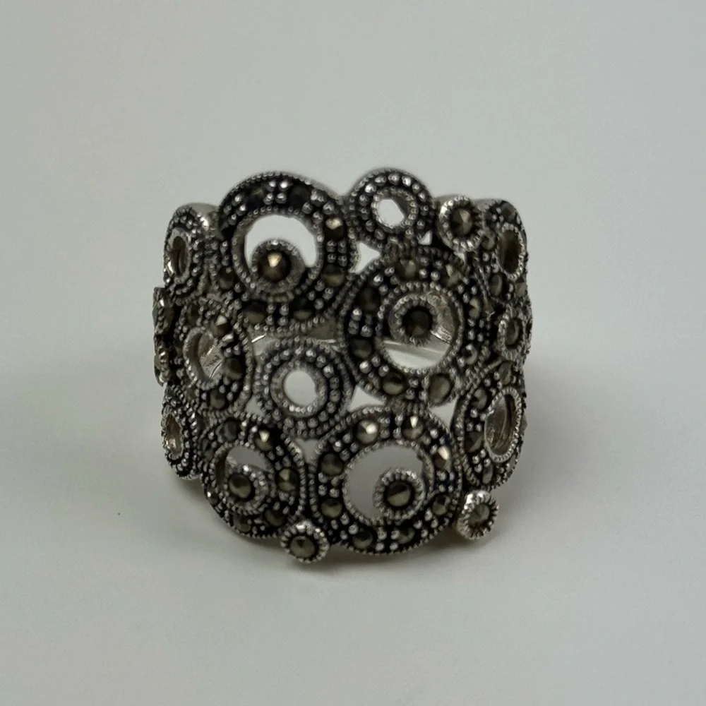 MARCASITE CIRCLES RING Wide Band CZ Stones 925‎ STERLING SILVER Size 6.75